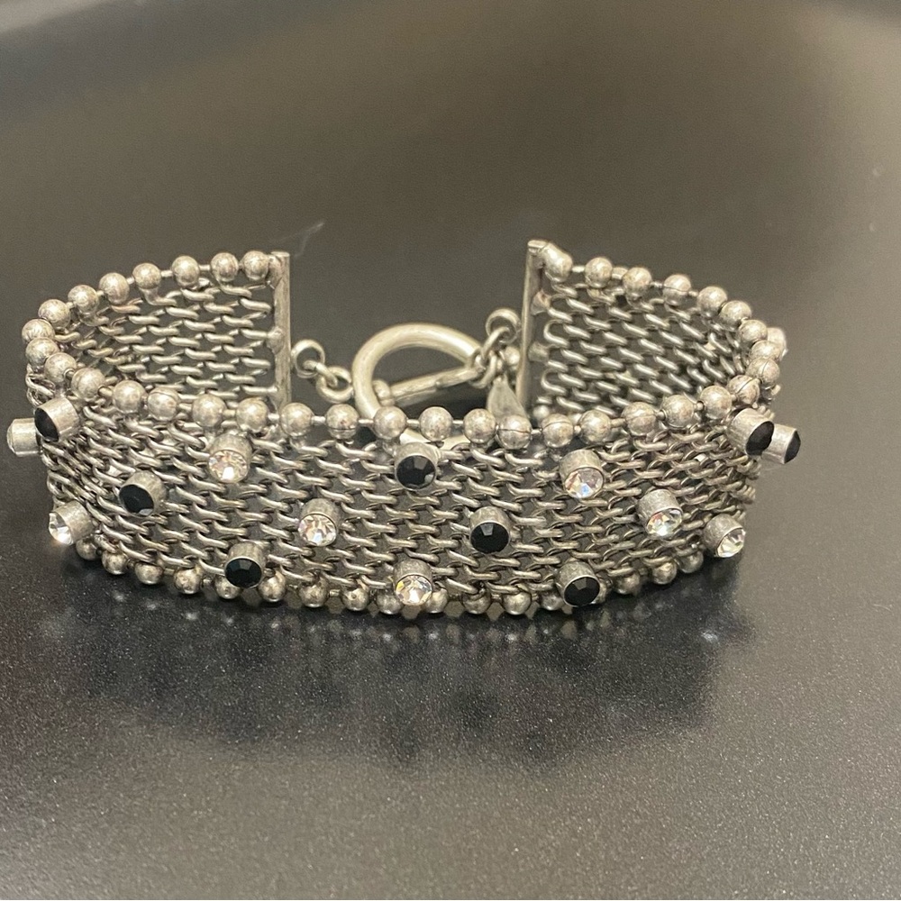 Chico’s Mesh Stilver Tone Bracelet with Black & White Crystal Studs